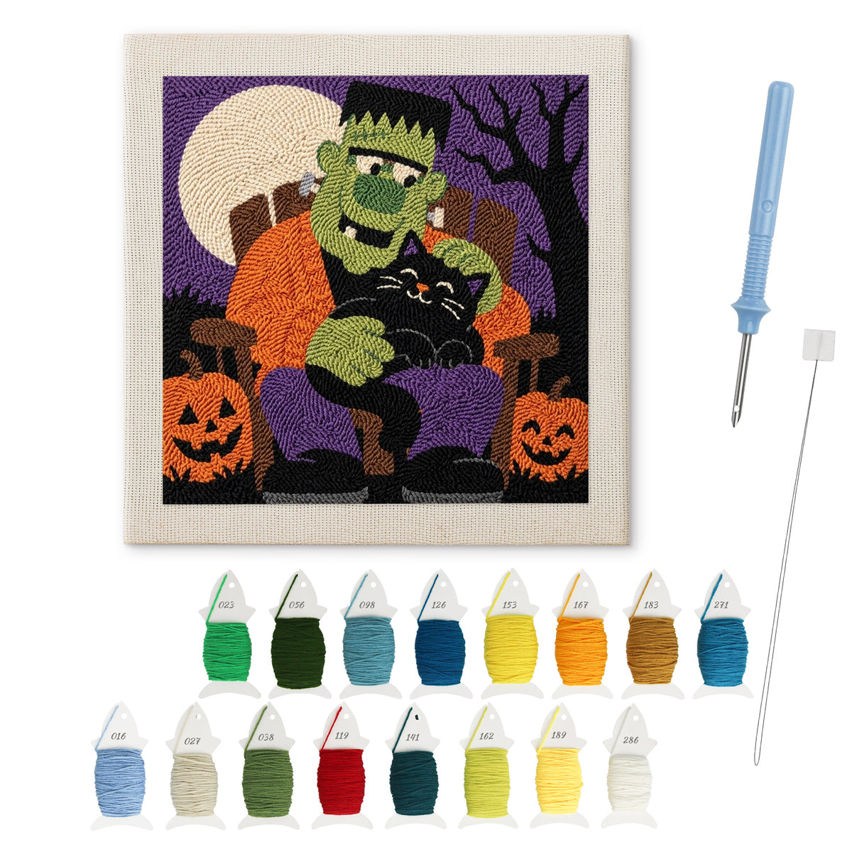Monster and Cat Nap punch needle kit: finished canvas with threads, punch needle and threader