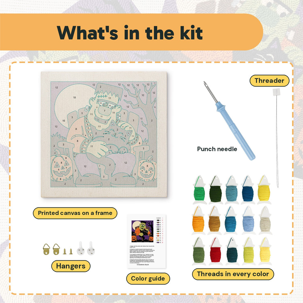 What is in the Monster and Cat Nap kit: printed canvas, punch needle, threader, threads, color guide and hangers
