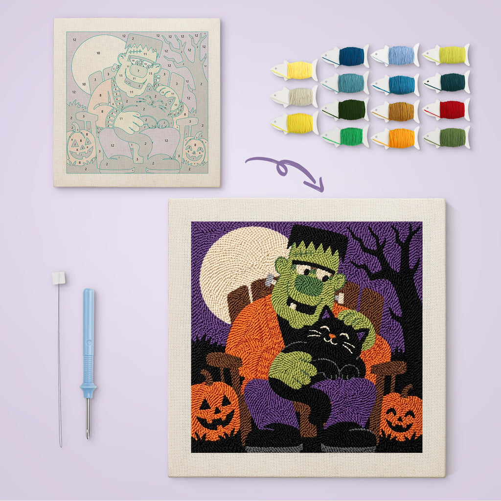 Monster and Cat Nap canvas before and after punching, with the threads and tools
