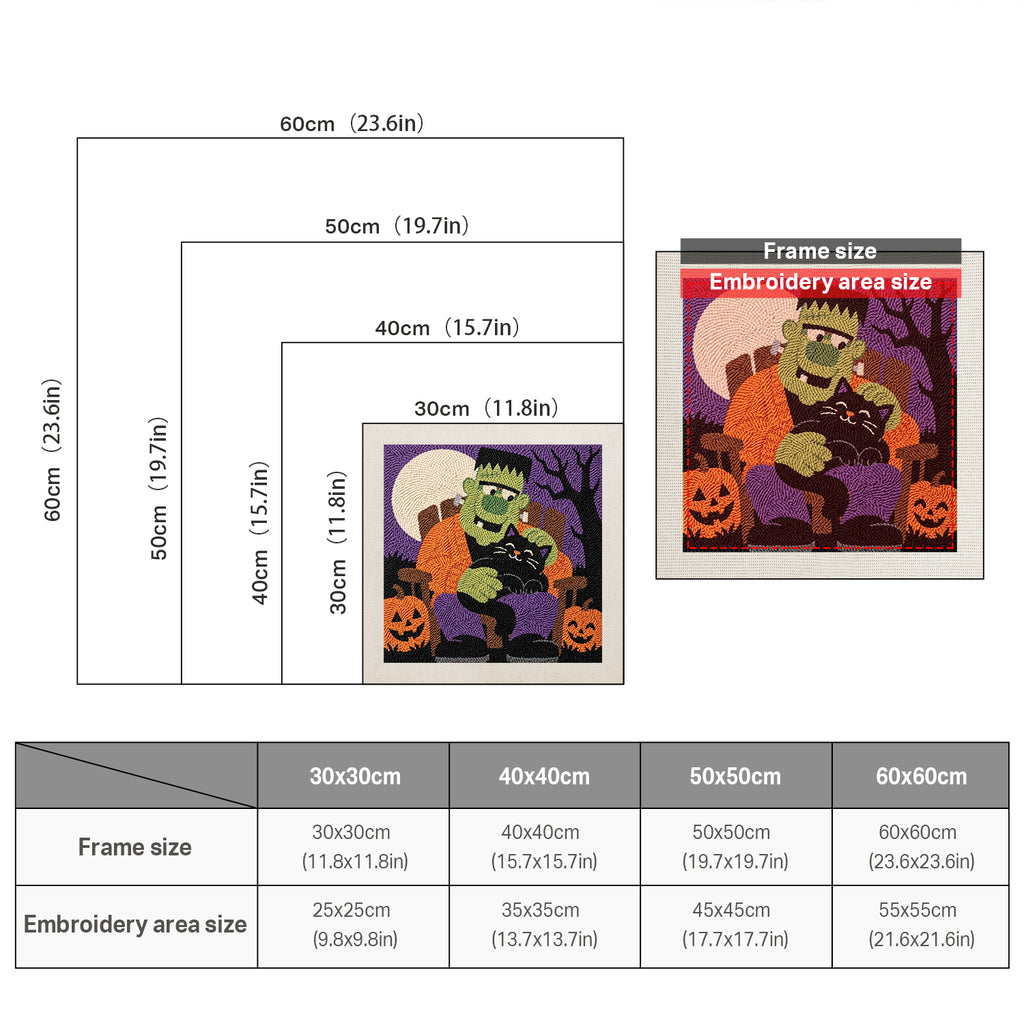 Size chart for square punch needle kits from 30 x 30 cm to 60 x 60 cm