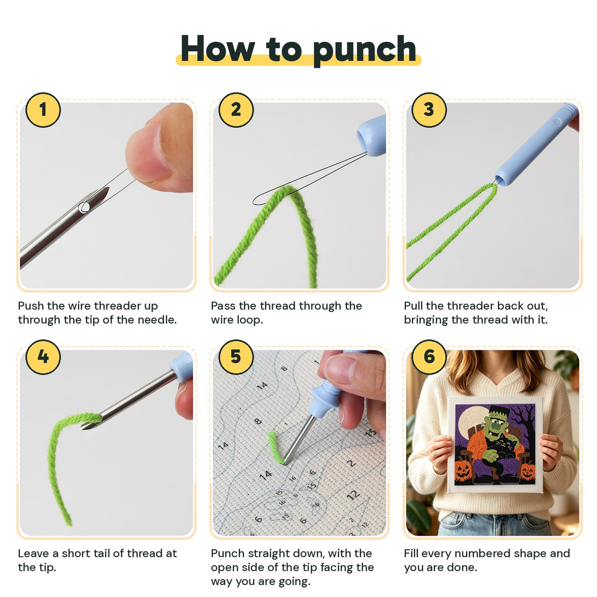 Six steps showing how to thread and use the punch needle