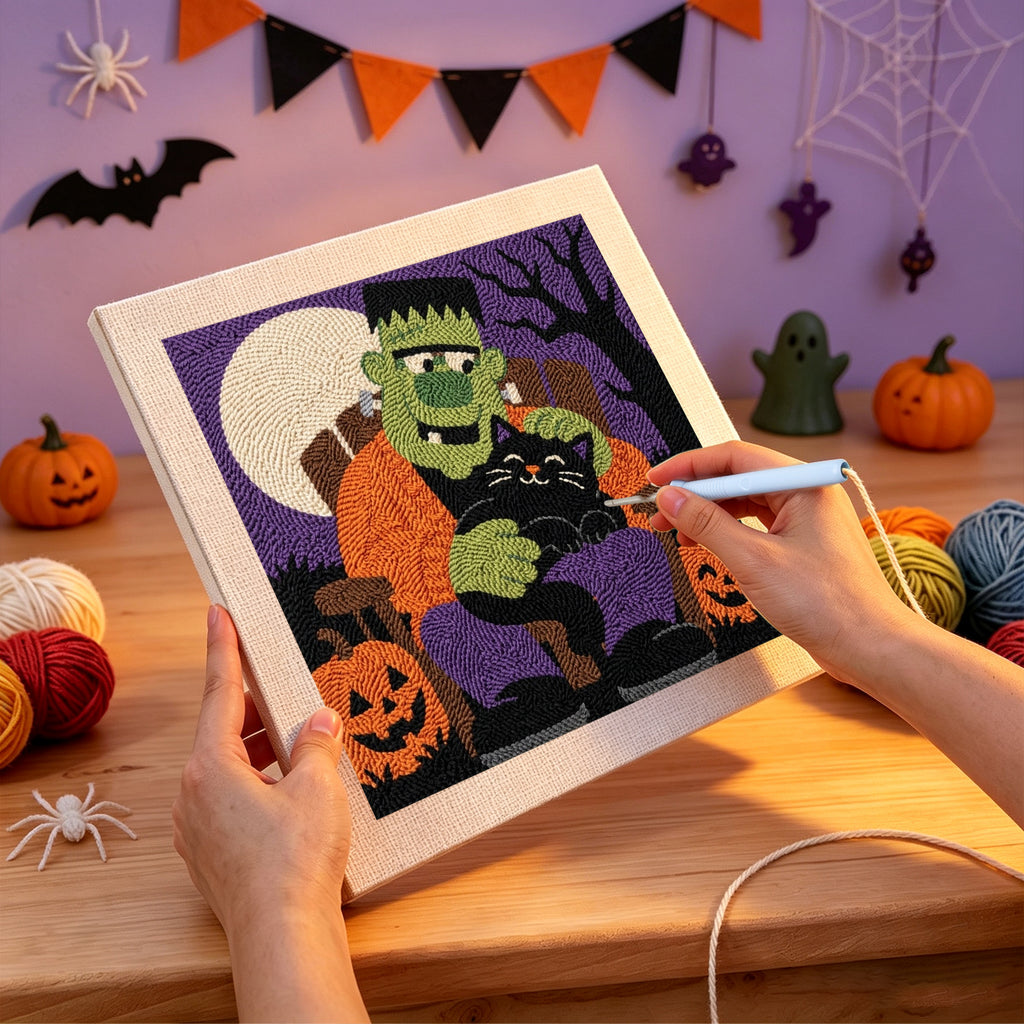 Punching the Monster and Cat Nap design with the punch needle