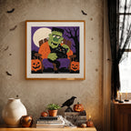 Finished Monster and Cat Nap punch needle canvas on a wall
