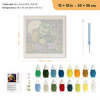 Monster and Cat Nap punch needle kit, 12 × 12 in (30 × 30 cm): canvas size and kit contents