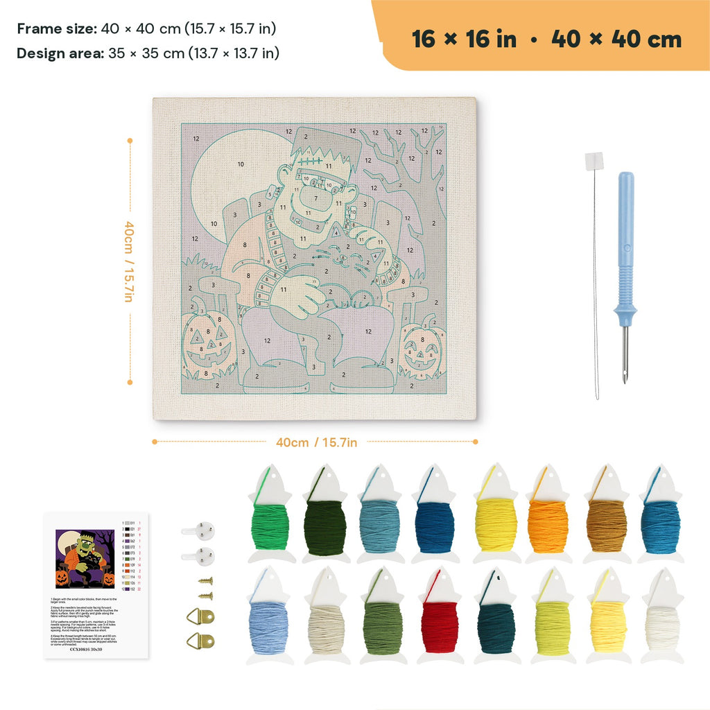 Monster and Cat Nap punch needle kit, 16 × 16 in (40 × 40 cm): canvas size and kit contents