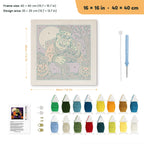 Monster and Cat Nap punch needle kit, 16 × 16 in (40 × 40 cm): canvas size and kit contents