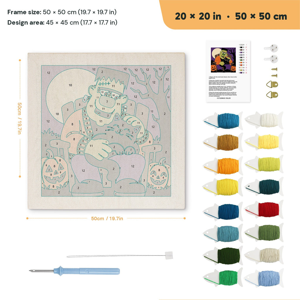 Monster and Cat Nap punch needle kit, 20 × 20 in (50 × 50 cm): canvas size and kit contents