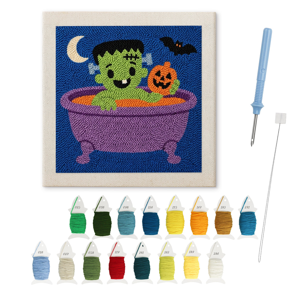 Monster Bath Time punch needle kit: finished canvas with threads, punch needle and threader