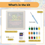 What is in the Monster Bath Time kit: printed canvas, punch needle, threader, threads, color guide and hangers