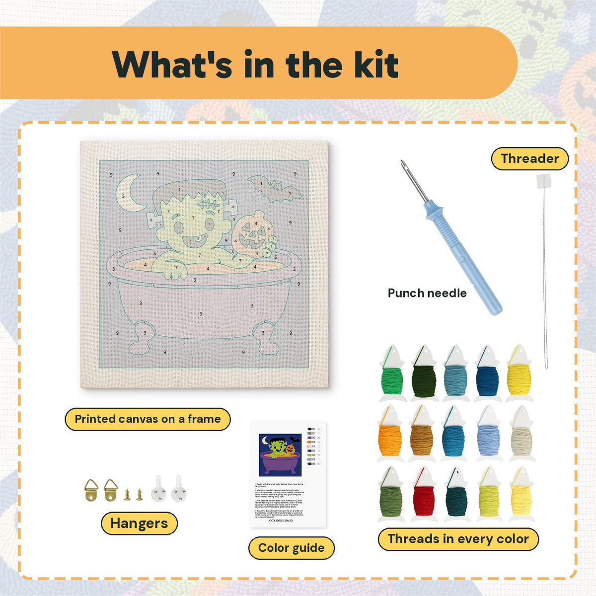 What is in the Monster Bath Time kit: printed canvas, punch needle, threader, threads, color guide and hangers