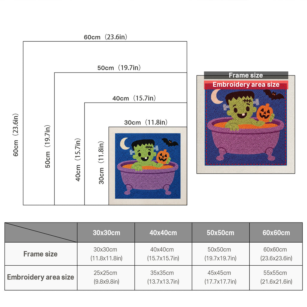 Size chart for square punch needle kits from 30 x 30 cm to 60 x 60 cm