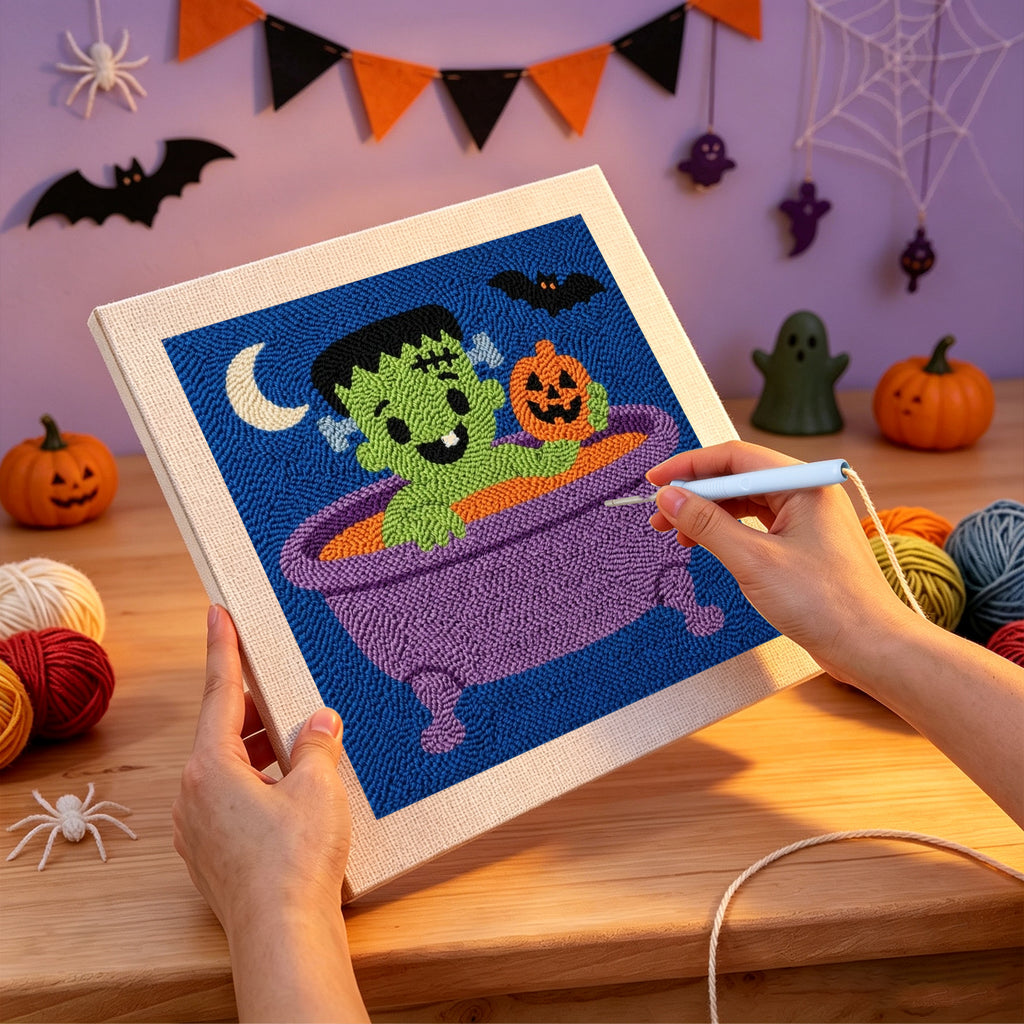 Punching the Monster Bath Time design with the punch needle