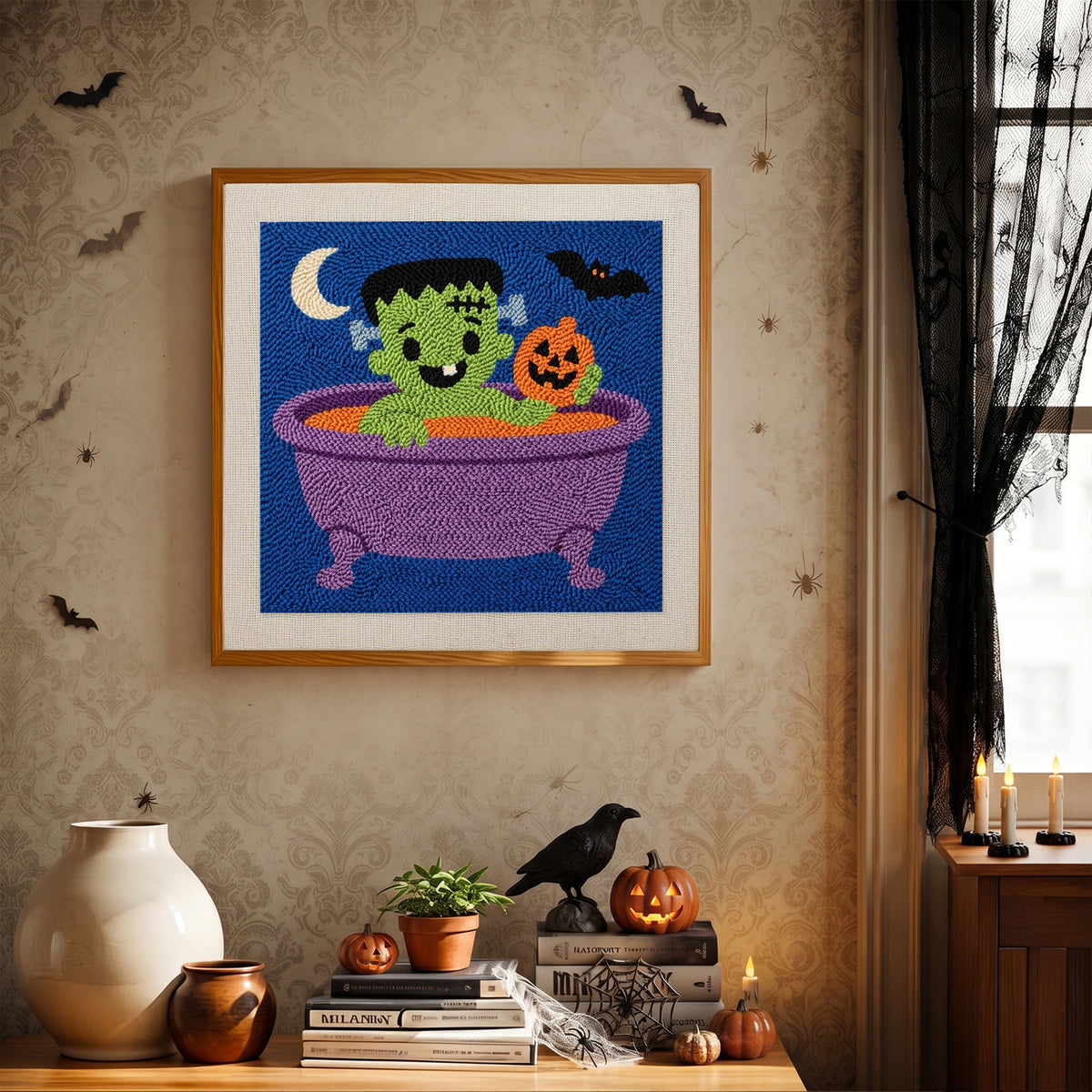 Finished Monster Bath Time punch needle canvas on a wall