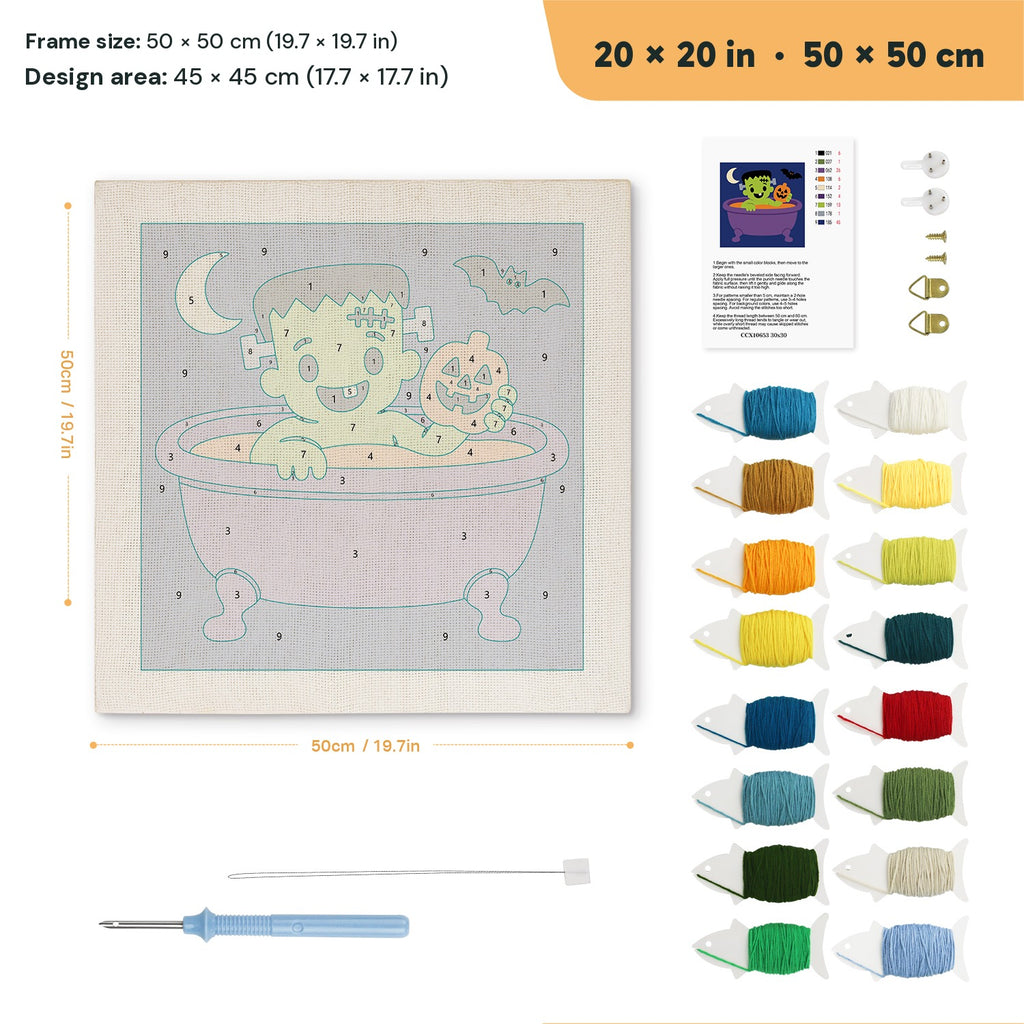 Monster Bath Time punch needle kit, 20 × 20 in (50 × 50 cm): canvas size and kit contents