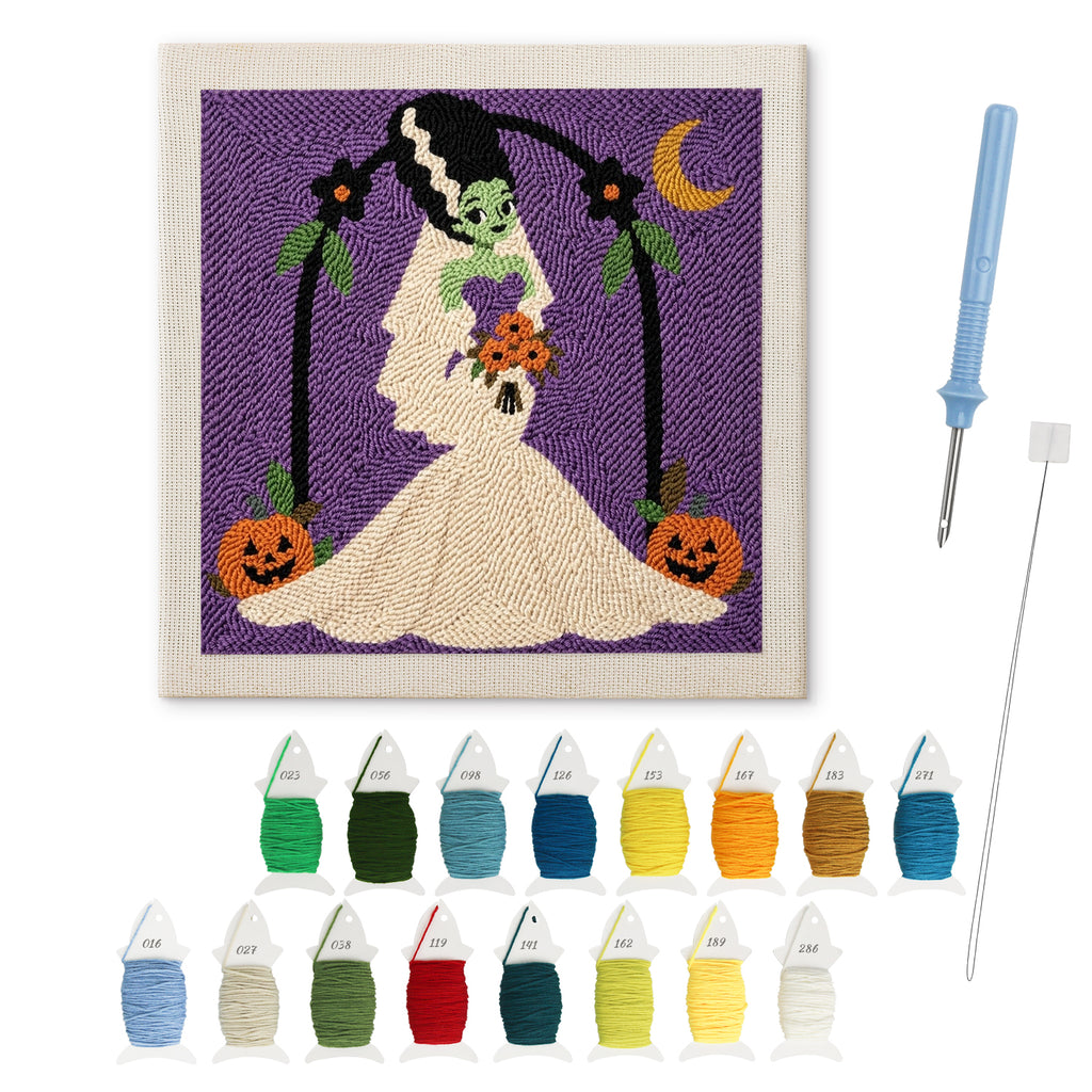 Monster Bride punch needle kit: finished canvas with threads, punch needle and threader