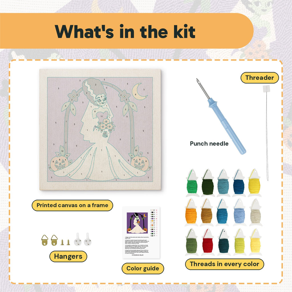 What is in the Monster Bride kit: printed canvas, punch needle, threader, threads, color guide and hangers