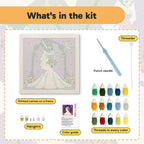 What is in the Monster Bride kit: printed canvas, punch needle, threader, threads, color guide and hangers