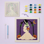 Monster Bride canvas before and after punching, with the threads and tools