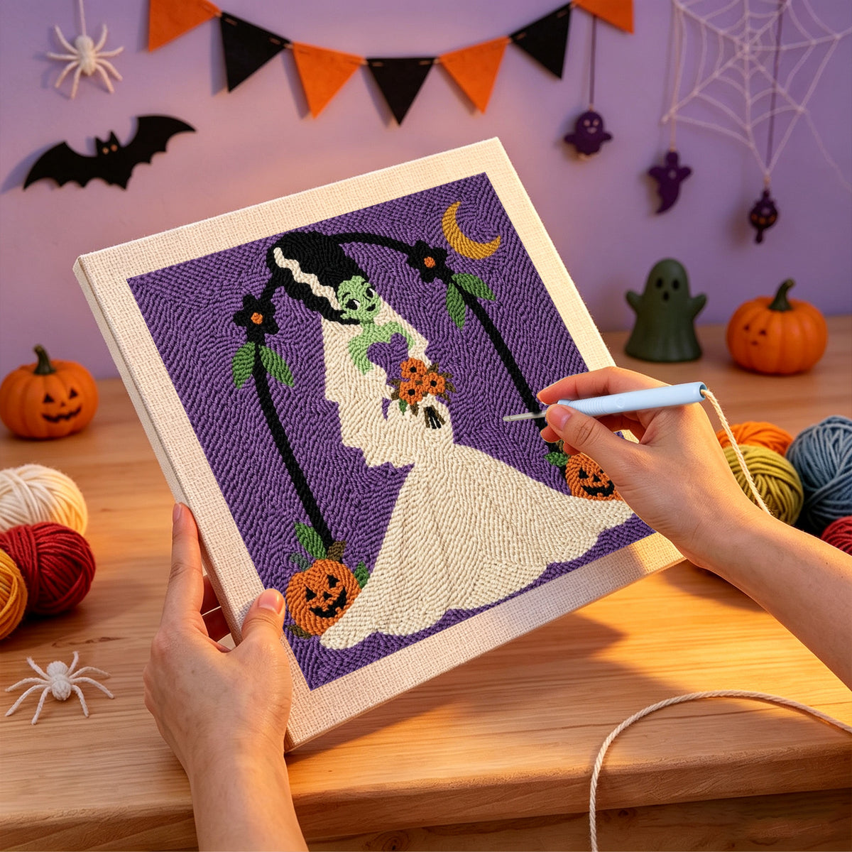 Punching the Monster Bride design with the punch needle