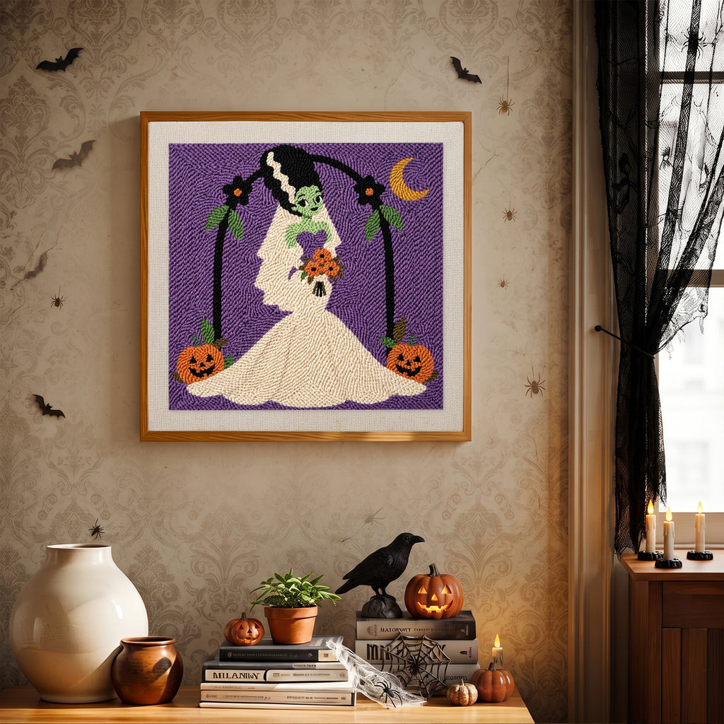 Finished Monster Bride punch needle canvas on a wall