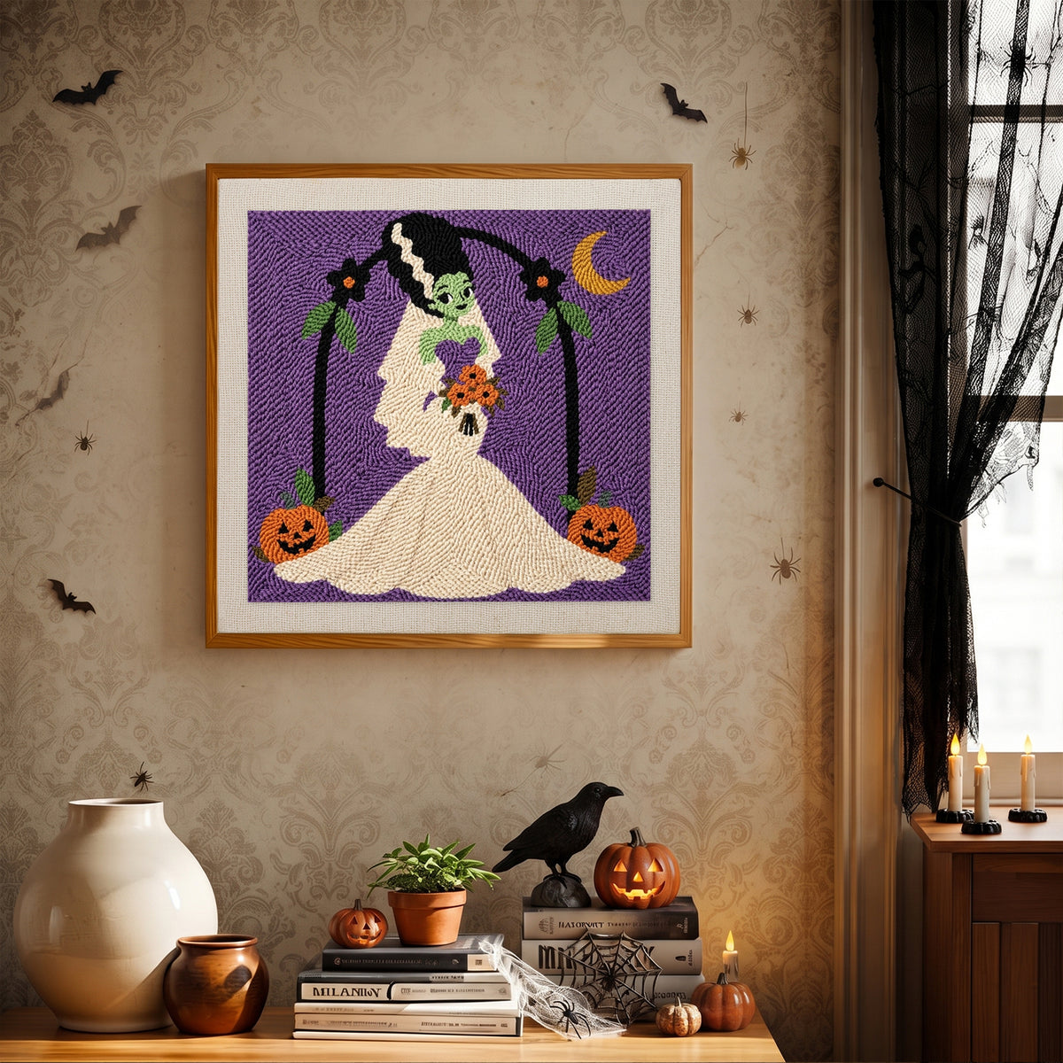 Finished Monster Bride punch needle canvas on a wall