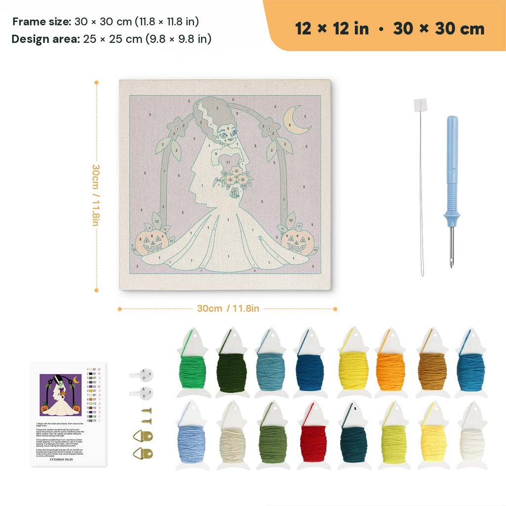 Monster Bride punch needle kit, 12 × 12 in (30 × 30 cm): canvas size and kit contents