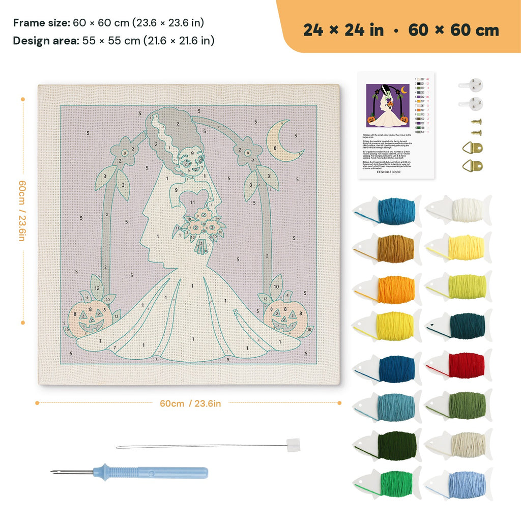 Monster Bride punch needle kit, 24 × 24 in (60 × 60 cm): canvas size and kit contents