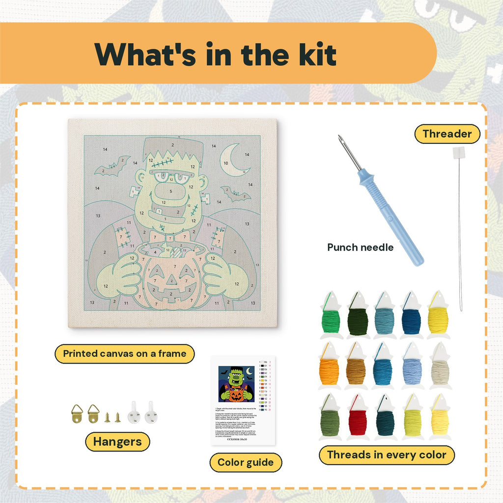 What is in the Monster Candy Bowl kit: printed canvas, punch needle, threader, threads, color guide and hangers