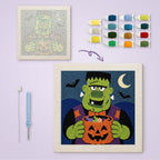Monster Candy Bowl canvas before and after punching, with the threads and tools