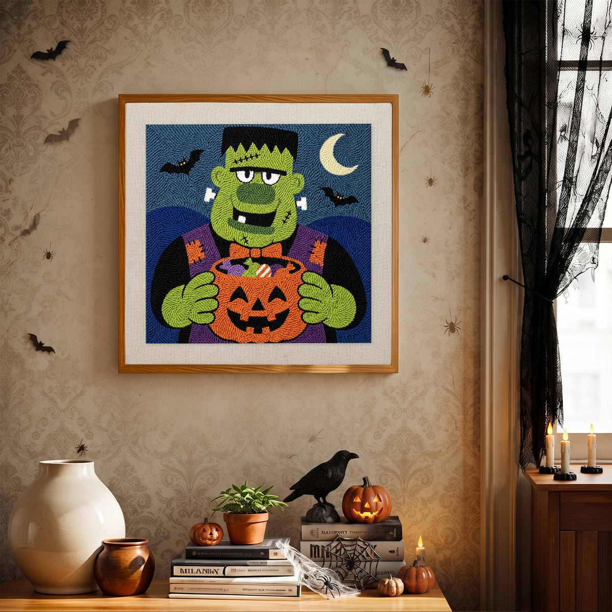 Finished Monster Candy Bowl punch needle canvas on a wall
