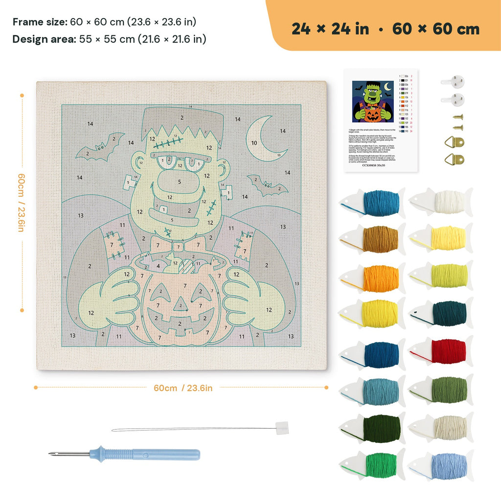 Monster Candy Bowl punch needle kit, 24 × 24 in (60 × 60 cm): canvas size and kit contents