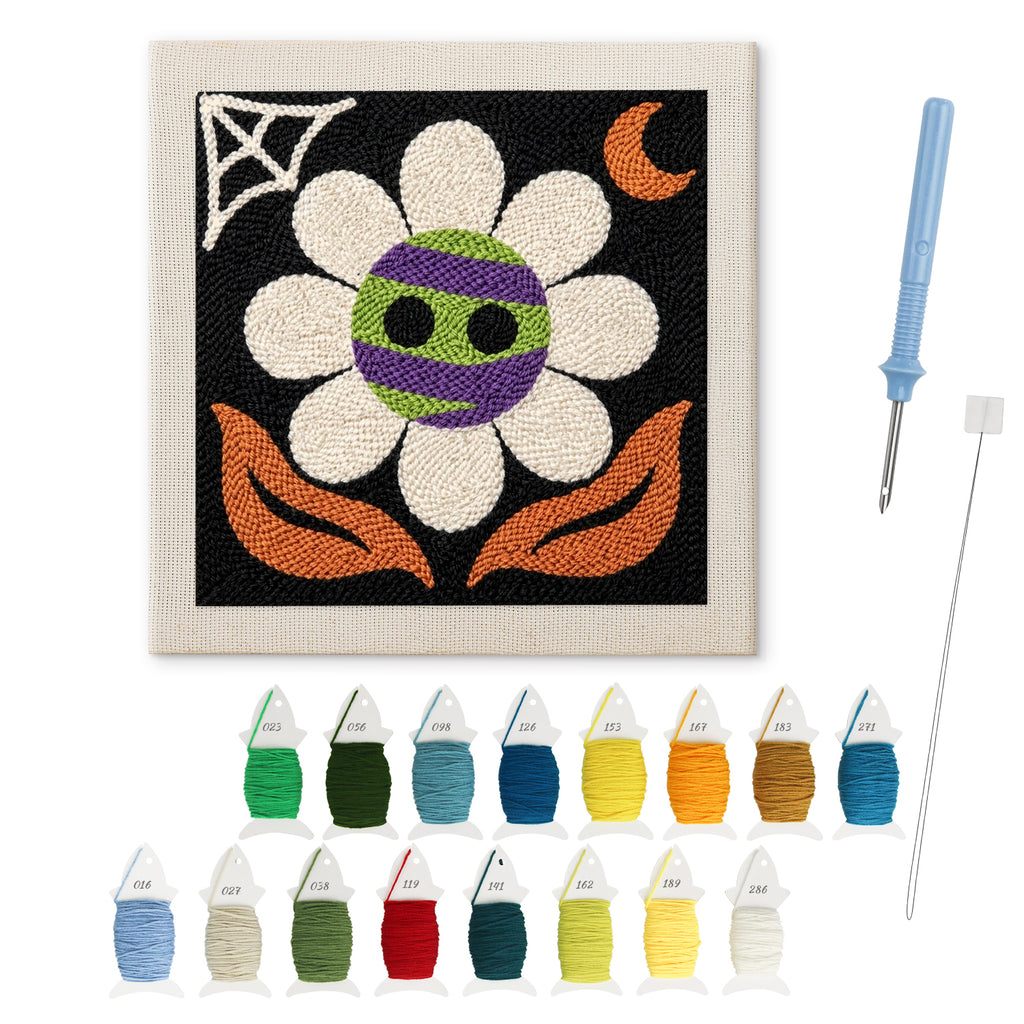 Monster Daisy punch needle kit: finished canvas with threads, punch needle and threader