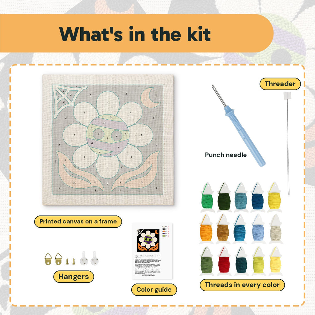 What is in the Monster Daisy kit: printed canvas, punch needle, threader, threads, color guide and hangers
