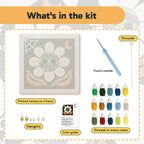 What is in the Monster Daisy kit: printed canvas, punch needle, threader, threads, color guide and hangers