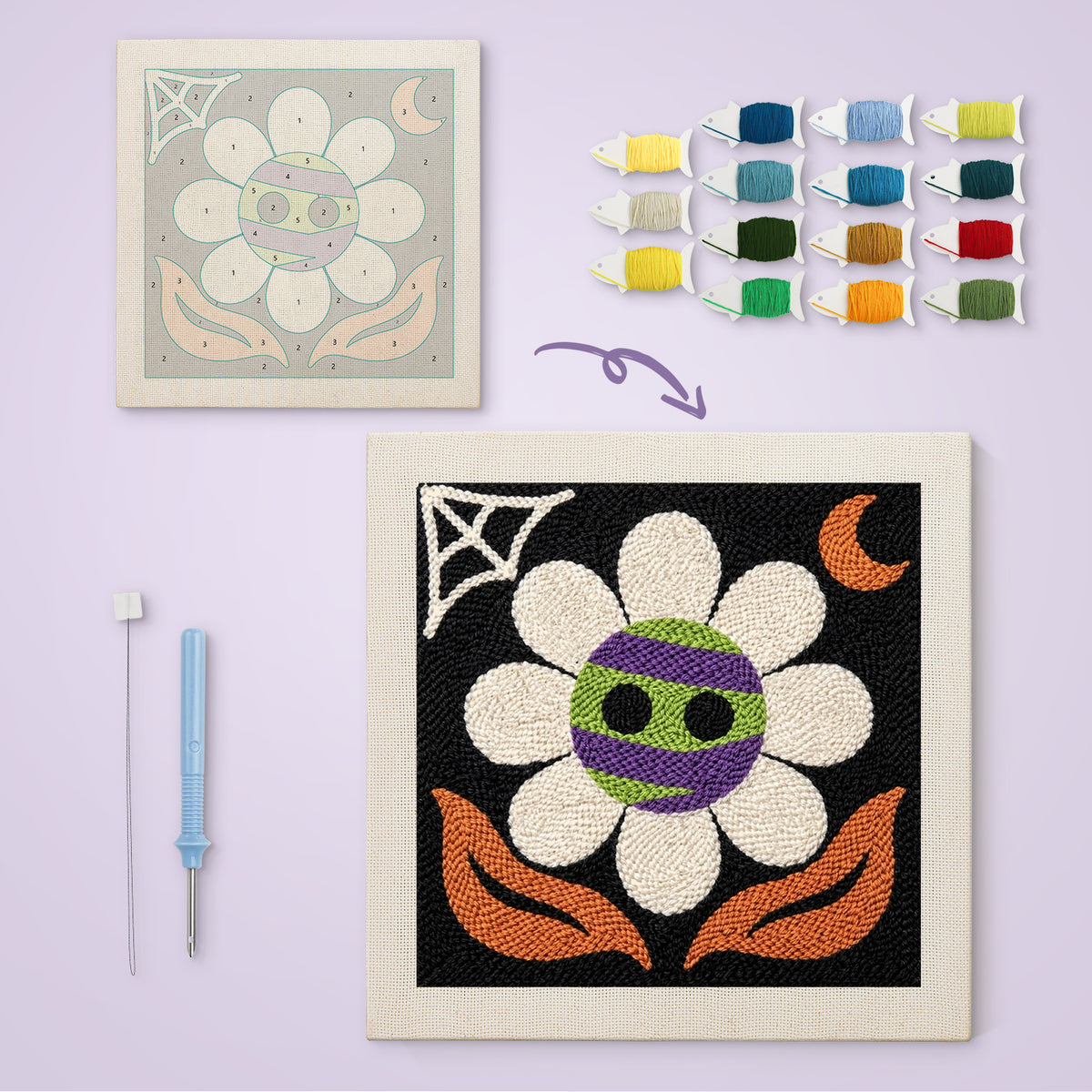 Monster Daisy canvas before and after punching, with the threads and tools