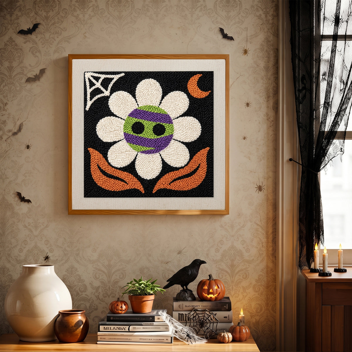 Finished Monster Daisy punch needle canvas on a wall