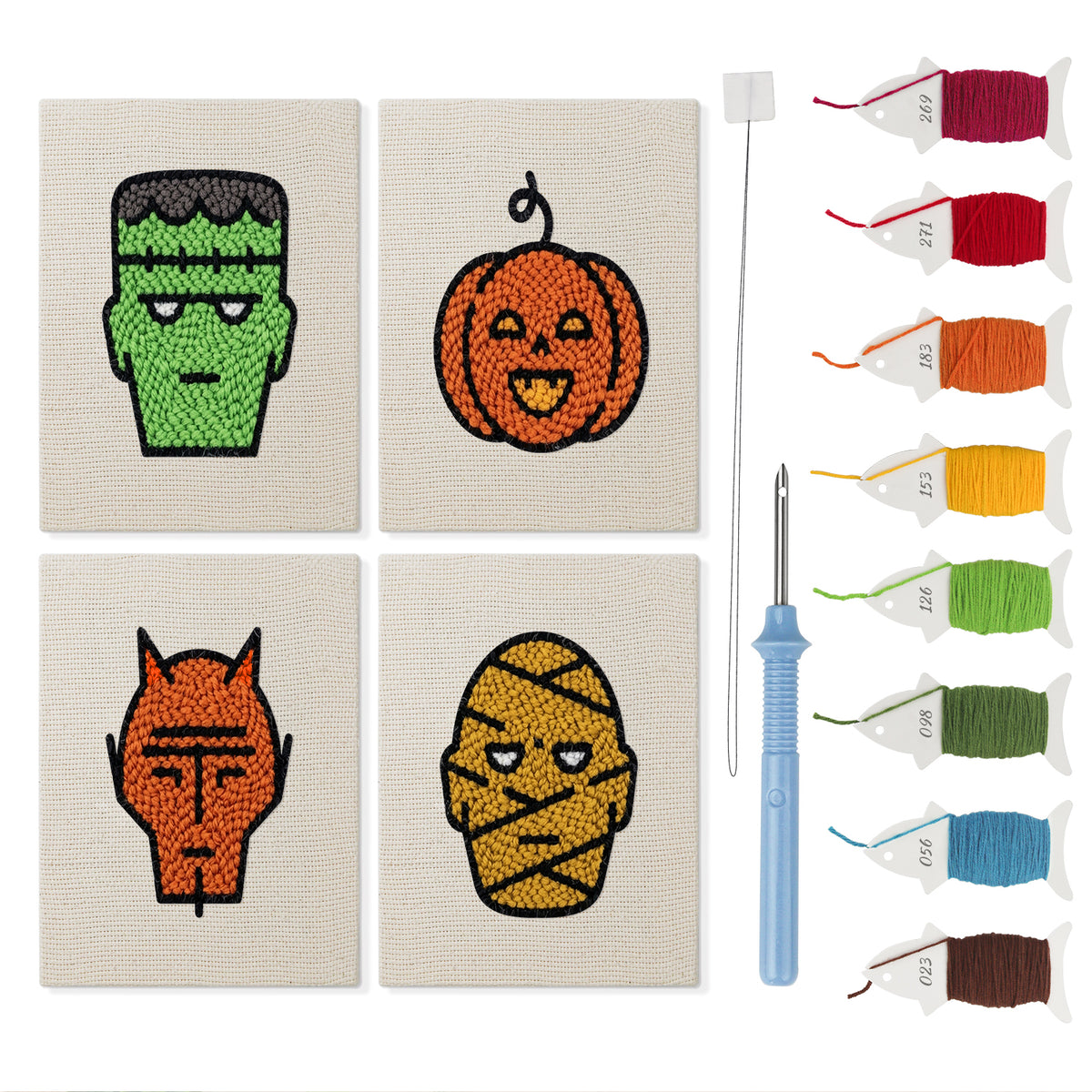 Monster Faces mini punch needle kit set: four finished canvases with threads, punch needle and threader
