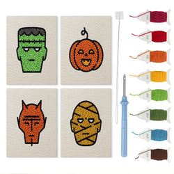 Monster Faces mini punch needle kit set: four finished canvases with threads, punch needle and threader