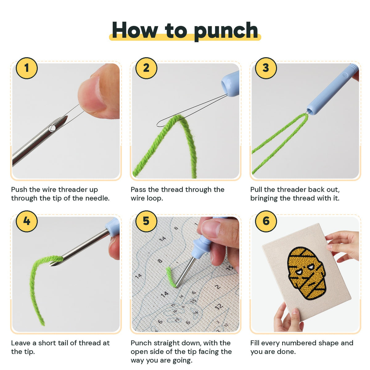 Six steps showing how to thread and use the punch needle