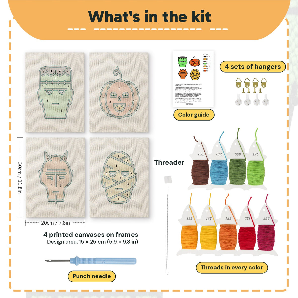What is in the Monster Faces set, 8 × 12 in (20 × 30 cm) each: 4 printed canvases, punch needle, threader, threads, color guide and 4 sets of hangers