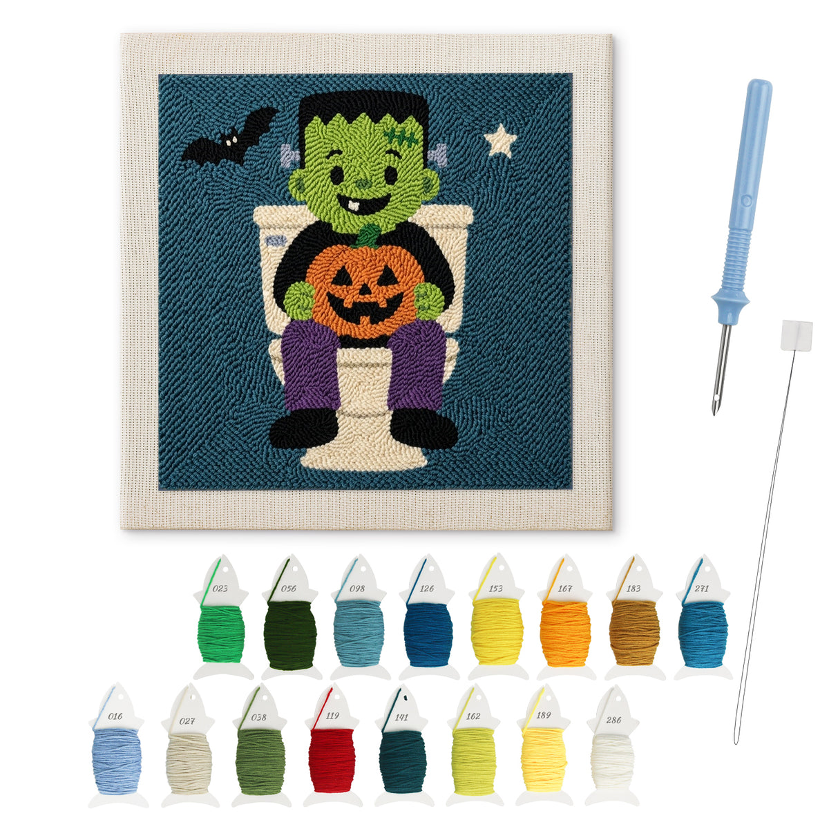Monster on the Loo punch needle kit: finished canvas with threads, punch needle and threader