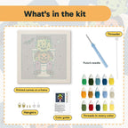 What is in the Monster on the Loo kit: printed canvas, punch needle, threader, threads, color guide and hangers