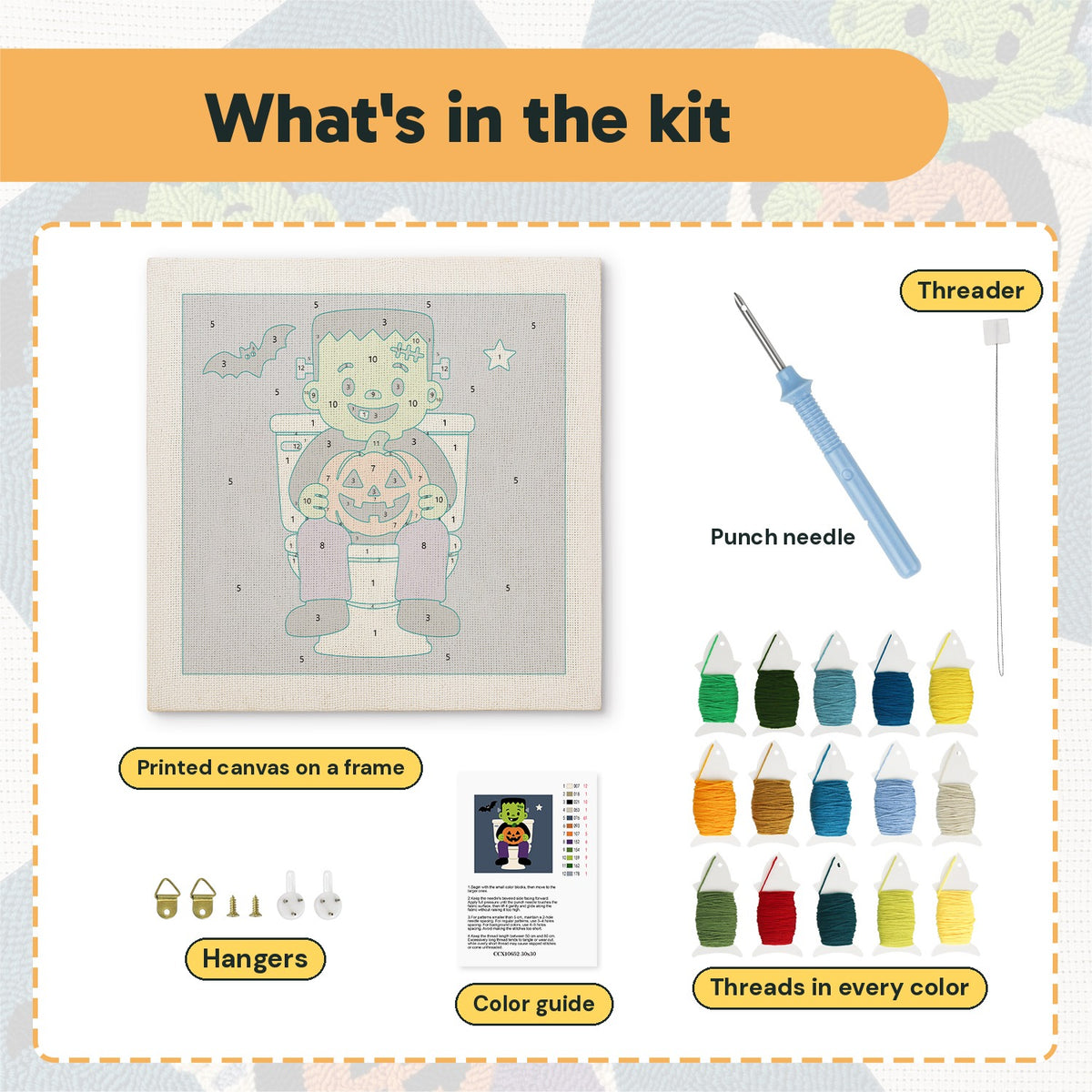 What is in the Monster on the Loo kit: printed canvas, punch needle, threader, threads, color guide and hangers