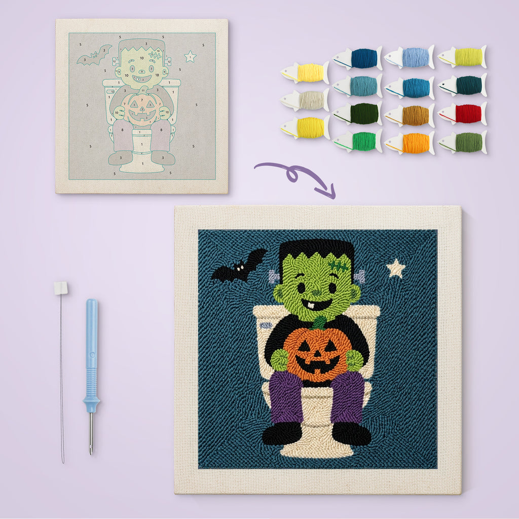 Monster on the Loo canvas before and after punching, with the threads and tools