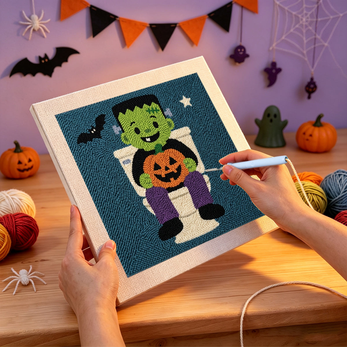 Punching the Monster on the Loo design with the punch needle
