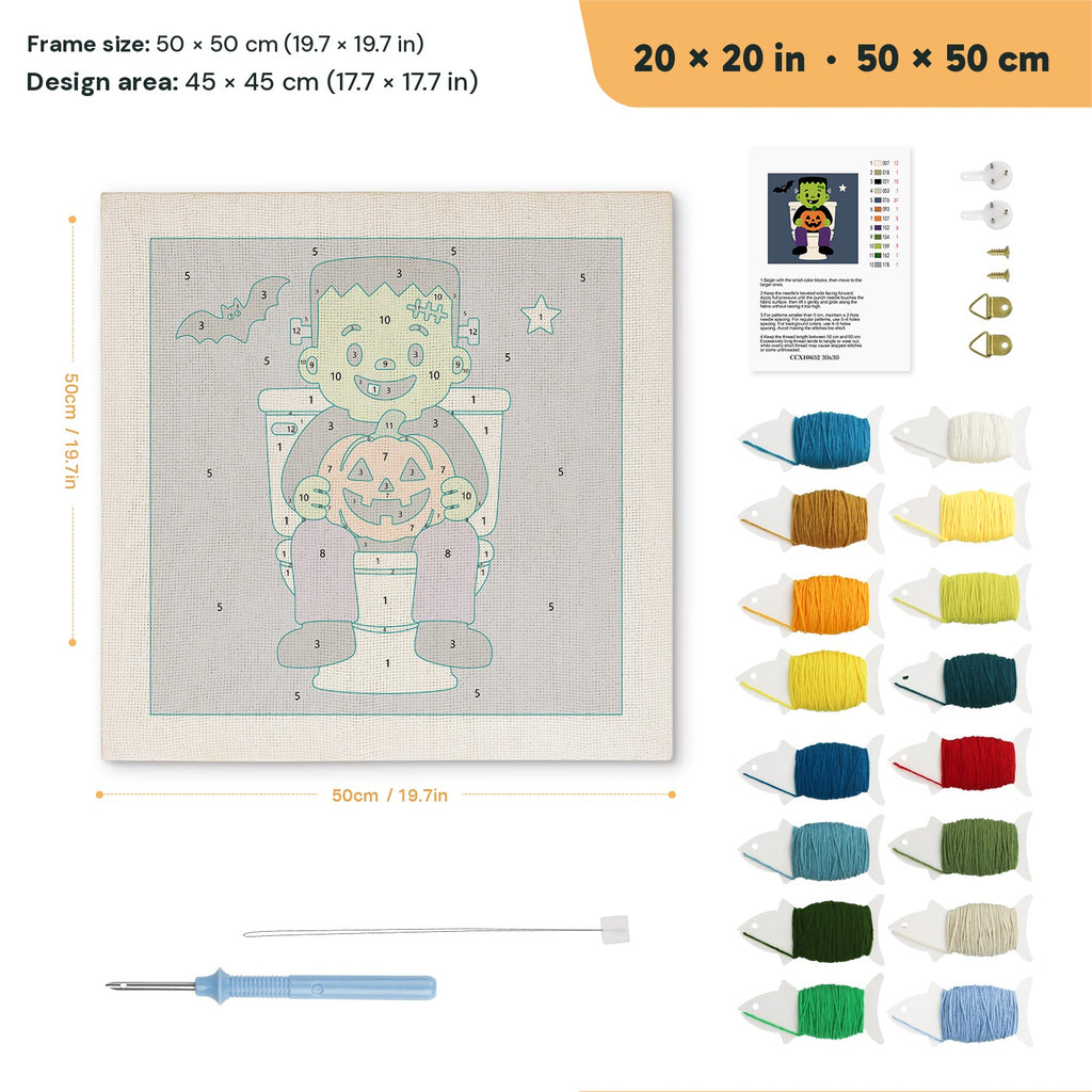 Monster on the Loo punch needle kit, 20 × 20 in (50 × 50 cm): canvas size and kit contents