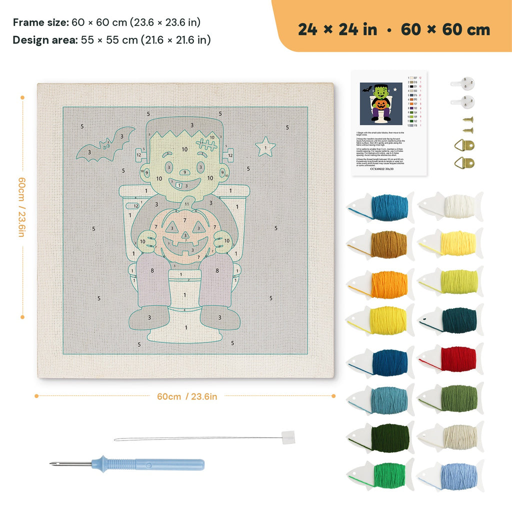 Monster on the Loo punch needle kit, 24 × 24 in (60 × 60 cm): canvas size and kit contents