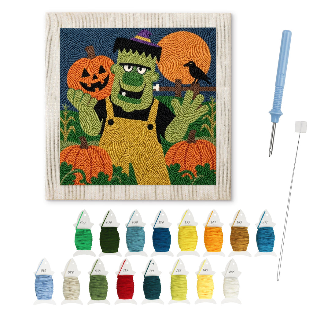 Monster Pumpkin Farmer punch needle kit: finished canvas with threads, punch needle and threader