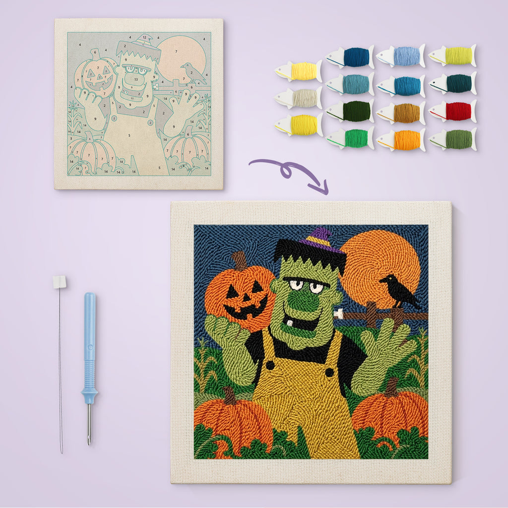 Monster Pumpkin Farmer canvas before and after punching, with the threads and tools