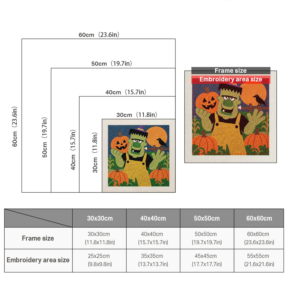 Size chart for square punch needle kits from 30 x 30 cm to 60 x 60 cm